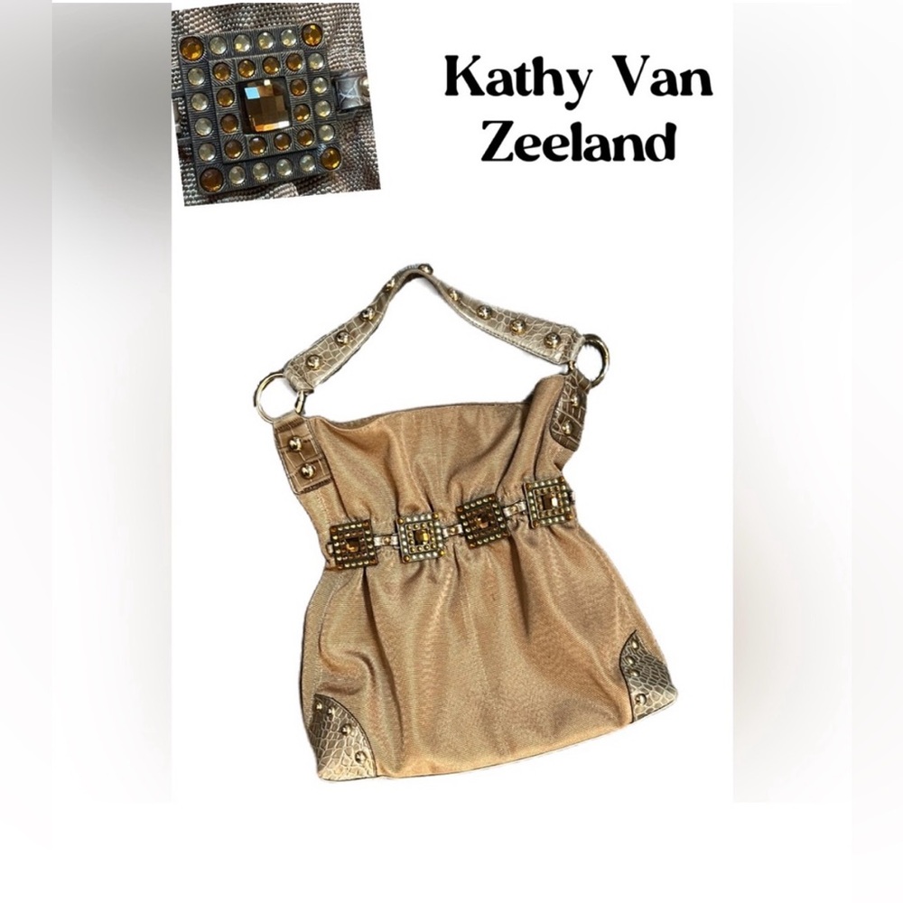 1-Day SALE! KATHY VAN ZEELAND Vintage Shoulder Bag Tan & Taupe, Jewel Detail EUC